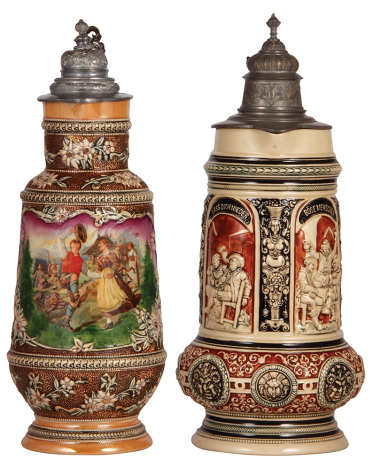 Two steins, pottery, 1.5L, 14.6" ht., Diesinger, 636, transfer & hand-painted, damaged lid; with, 2.0L, 14.9" ht., marked Gerz 467, relief, lid is old replacement, loose attachment, body good condition.