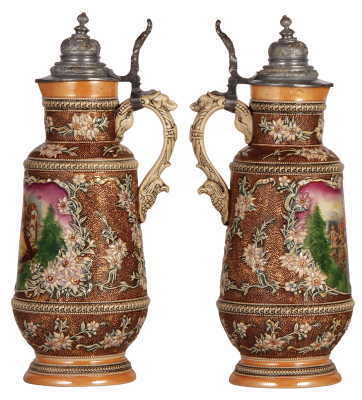 Two steins, pottery, 1.5L, 14.6" ht., Diesinger, 636, transfer & hand-painted, damaged lid; with, 2.0L, 14.9" ht., marked Gerz 467, relief, lid is old replacement, loose attachment, body good condition. - 2