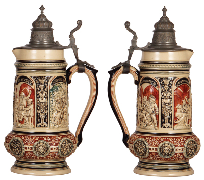 Two steins, pottery, 1.5L, 14.6" ht., Diesinger, 636, transfer & hand-painted, damaged lid; with, 2.0L, 14.9" ht., marked Gerz 467, relief, lid is old replacement, loose attachment, body good condition. - 3