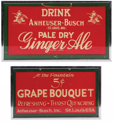 Two Anheuser-Busch signs, Pale Dry Ginger Ale, 11.2" x 6.2", Grape Bouquet, 9.2" x 5.4", professionally framed, very good condition.