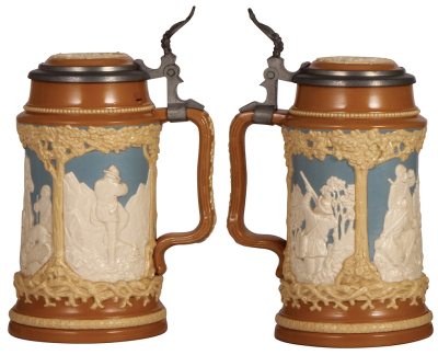 Three Mettlach steins, 1.0L, 812, relief, inlaid lid, mint; .5L, 1005, relief, inlaid lid, interior glaze is brown, otherwise mint; .5L, 2182, inliad lid, mint. - 2