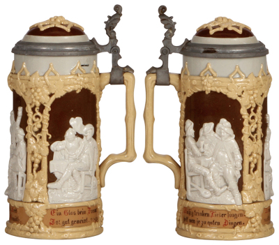 Three Mettlach steins, 1.0L, 812, relief, inlaid lid, mint; .5L, 1005, relief, inlaid lid, interior glaze is brown, otherwise mint; .5L, 2182, inliad lid, mint. - 3