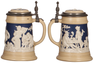 Three Mettlach steins, 1.0L, 812, relief, inlaid lid, mint; .5L, 1005, relief, inlaid lid, interior glaze is brown, otherwise mint; .5L, 2182, inliad lid, mint. - 4