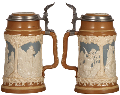 Three Mettlach steins, 1.0L, 812, relief, inlaid lid, mint; .5L, 1467, relief, inlaid lid, mint; .5L, 1370, inliad lid, mint. - 2