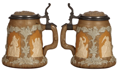 Three Mettlach steins, 1.0L, 812, relief, inlaid lid, mint; .5L, 1467, relief, inlaid lid, mint; .5L, 1370, inliad lid, mint. - 3