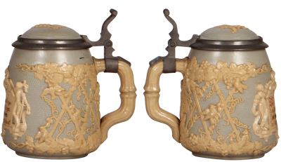 Three Mettlach steins, 1.0L, 812, relief, inlaid lid, mint; .5L, 1467, relief, inlaid lid, mint; .5L, 1370, inliad lid, mint. - 4