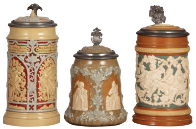 Three Mettlach steins, .5L, 24, relief, inlaid lid, mint; .5L, 1467, relief, inlaid lid, mint; .5L, 485, inliad lid, mint.