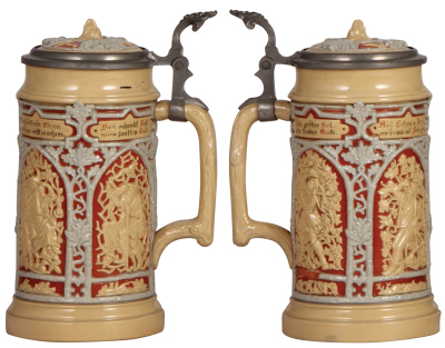 Three Mettlach steins, .5L, 24, relief, inlaid lid, mint; .5L, 1467, relief, inlaid lid, mint; .5L, 485, inliad lid, mint. - 2