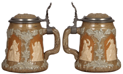 Three Mettlach steins, .5L, 24, relief, inlaid lid, mint; .5L, 1467, relief, inlaid lid, mint; .5L, 485, inliad lid, mint. - 3