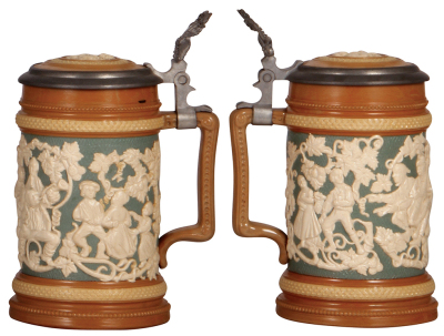 Three Mettlach steins, .5L, 24, relief, inlaid lid, mint; .5L, 1467, relief, inlaid lid, mint; .5L, 485, inliad lid, mint. - 4