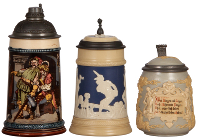 Three Mettlach steins, .5L, 1055 [2271], PUG, pewter lid, mint; .5L, 2182, relief, inlaid lid, mint; .5L, 1370, inliad lid, missing center hinge ring, otherwise mint.