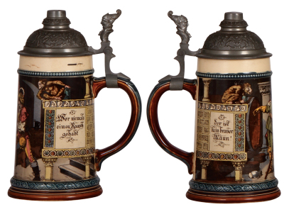 Three Mettlach steins, .5L, 1055 [2271], PUG, pewter lid, mint; .5L, 2182, relief, inlaid lid, mint; .5L, 1370, inliad lid, missing center hinge ring, otherwise mint. - 2