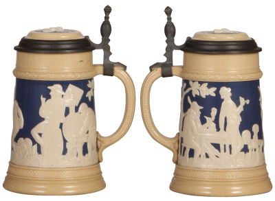 Three Mettlach steins, .5L, 1055 [2271], PUG, pewter lid, mint; .5L, 2182, relief, inlaid lid, mint; .5L, 1370, inliad lid, missing center hinge ring, otherwise mint. - 3