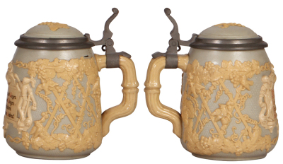 Three Mettlach steins, .5L, 1055 [2271], PUG, pewter lid, mint; .5L, 2182, relief, inlaid lid, mint; .5L, 1370, inliad lid, missing center hinge ring, otherwise mint. - 4