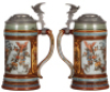 Three Mettlach steins, .5L, etched, 2002, relief pewter lid, hairline on inside at bottom; .5L, etched, 2006, old replaced pewter lid, body mint; .5L, 1655, music box base [without music box], original pewter lid, mint.&nbsp;&nbsp; - 4