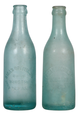 Two American Brewing Co. bottles, 7.5" ht., both embossed, American Brewing Ass'n., Houston, Texas, both have frosted finish, very good condition.