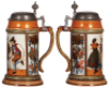 Three Mettlach steins, .5L, etched, 2002, relief pewter lid, hairline on inside at bottom; .5L, etched, 2006, old replaced pewter lid, body mint; .5L, 1655, music box base [without music box], original pewter lid, mint.&nbsp;&nbsp; - 5