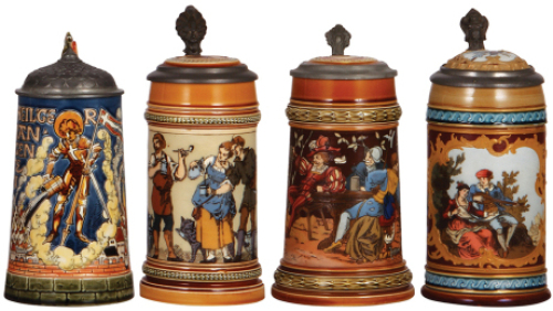 Four Mettlach steins, .5L, etched, 1786, pewter lid, thumblift repaired, chips on handle; .5L, etched, 1164, inlaid lid, 2" hairline in rear;&nbsp;.5L, etched, 1527, replaced old Mettlach lid, a few tight body cracks; .5L, etched, 1946, tight crack in base.