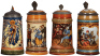 Four Mettlach steins, .5L, etched, 1786, pewter lid, thumblift repaired, chips on handle; .5L, etched, 1164, inlaid lid, 2" hairline in rear;&nbsp;.5L, etched, 1527, replaced old Mettlach lid, a few tight body cracks; .5L, etched, 1946, tight crack in base.