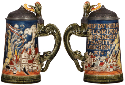 Four Mettlach steins, .5L, etched, 1786, pewter lid, thumblift repaired, chips on handle; .5L, etched, 1164, inlaid lid, 2" hairline in rear; .5L, etched, 1527, replaced old Mettlach lid, a few tight body cracks; .5L, etched, 1946, tight crack in base. - 2