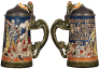 Four Mettlach steins, .5L, etched, 1786, pewter lid, thumblift repaired, chips on handle; .5L, etched, 1164, inlaid lid, 2" hairline in rear;&nbsp;.5L, etched, 1527, replaced old Mettlach lid, a few tight body cracks; .5L, etched, 1946, tight crack in base. - 2