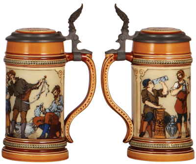 Four Mettlach steins, .5L, etched, 1786, pewter lid, thumblift repaired, chips on handle; .5L, etched, 1164, inlaid lid, 2" hairline in rear; .5L, etched, 1527, replaced old Mettlach lid, a few tight body cracks; .5L, etched, 1946, tight crack in base. - 3