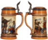 Four Mettlach steins, .5L, etched, 1786, pewter lid, thumblift repaired, chips on handle; .5L, etched, 1164, inlaid lid, 2" hairline in rear;&nbsp;.5L, etched, 1527, replaced old Mettlach lid, a few tight body cracks; .5L, etched, 1946, tight crack in base. - 3