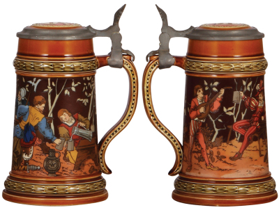 Four Mettlach steins, .5L, etched, 1786, pewter lid, thumblift repaired, chips on handle; .5L, etched, 1164, inlaid lid, 2" hairline in rear; .5L, etched, 1527, replaced old Mettlach lid, a few tight body cracks; .5L, etched, 1946, tight crack in base. - 4