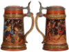 Four Mettlach steins, .5L, etched, 1786, pewter lid, thumblift repaired, chips on handle; .5L, etched, 1164, inlaid lid, 2" hairline in rear;&nbsp;.5L, etched, 1527, replaced old Mettlach lid, a few tight body cracks; .5L, etched, 1946, tight crack in base. - 4