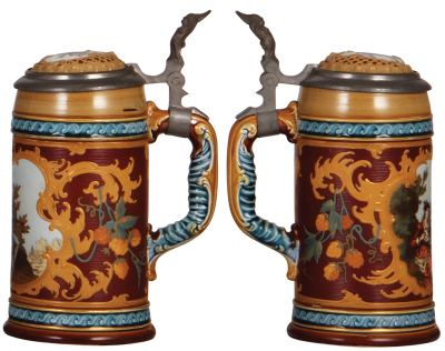 Four Mettlach steins, .5L, etched, 1786, pewter lid, thumblift repaired, chips on handle; .5L, etched, 1164, inlaid lid, 2" hairline in rear; .5L, etched, 1527, replaced old Mettlach lid, a few tight body cracks; .5L, etched, 1946, tight crack in base. - 5