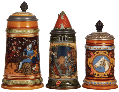 Three Mettlach steins, 1.0L, etched, 1527, .5" shallow chip on underside of base; .5L, etched, 2382, inlaid lid, lid has cracks; .5L, etched, 1454, original silver-plated lid, tight hairline visible inside near base.