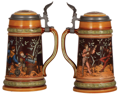 Three Mettlach steins, 1.0L, etched, 1527, .5" shallow chip on underside of base; .5L, etched, 2382, inlaid lid, lid has cracks; .5L, etched, 1454, original silver-plated lid, tight hairline visible inside near base. - 2