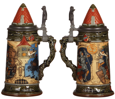 Three Mettlach steins, 1.0L, etched, 1527, .5" shallow chip on underside of base; .5L, etched, 2382, inlaid lid, lid has cracks; .5L, etched, 1454, original silver-plated lid, tight hairline visible inside near base. - 3