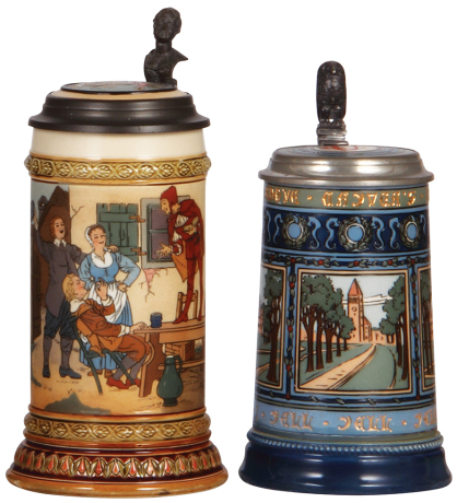 Two Mettlach steins, .5L, 2582, etched, inlaid lid, repaired handle; with, .5L, 2872, etched, inlaid lid, Cornell University, repaired base.