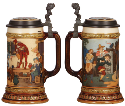 Two Mettlach steins, .5L, 2582, etched, inlaid lid, repaired handle; with, .5L, 2872, etched, inlaid lid, Cornell University, repaired base. - 2