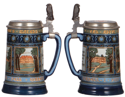 Two Mettlach steins, .5L, 2582, etched, inlaid lid, repaired handle; with, .5L, 2872, etched, inlaid lid, Cornell University, repaired base. - 3