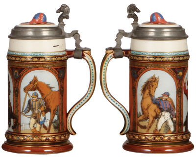 Two Mettlach steins, .5L, 1733, etched, inlaid lid, handle repaired, flake on top rim; with, .5L, 1786, etched & glazed, pewter lid, chip line on base edge. - 2