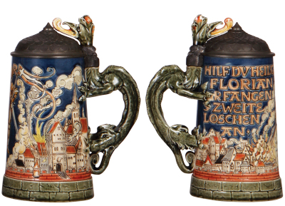 Two Mettlach steins, .5L, 1733, etched, inlaid lid, handle repaired, flake on top rim; with, .5L, 1786, etched & glazed, pewter lid, chip line on base edge. - 3