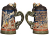 Two Mettlach steins, .5L, 1733, etched, inlaid lid, handle repaired, flake on top rim; with, .5L, 1786, etched & glazed, pewter lid, chip line on base edge. - 3