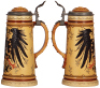 Two Mettlach steins, 1.0L, 2382, etched, inlaid lid, faint short glaze line visible inside the inlay; with, 1.0L, 2204, decorated relief, inlaid lid, .5" shallow chip at upper area of the body. - 3