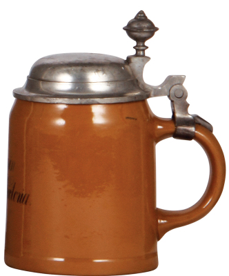 Mettlach stein, .5L, 1526, PUG, Kaiserin Auguste Victoria, pewter lid, repaired pewter strap, body mint. - 2