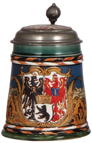 Mettlach stein.5L, 2024, etched, Berlin, inlaid lid, very good repair of base chips.