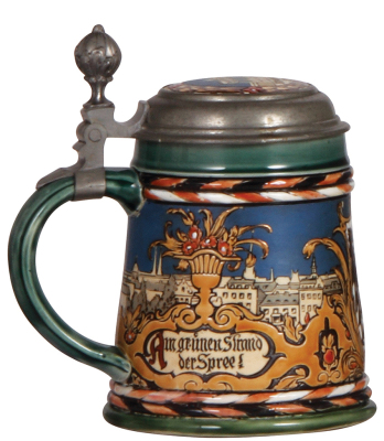 Mettlach stein.5L, 2024, etched, Berlin, inlaid lid, very good repair of base chips. - 3