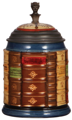 Mettlach stein, .5L, 2001K, decorated relief, Banking Book Stein, inlaid lid for Law Book Stein, mint.