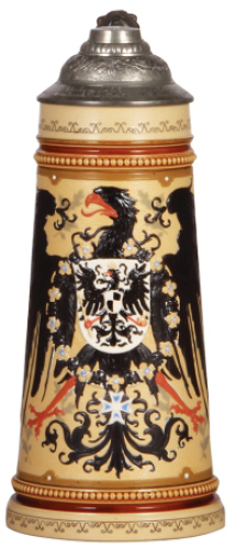 Mettlach stein, 1.0L, 2204, decorated relief,&nbsp;pewter lid, repaired&nbsp;thumblift, body mint.
