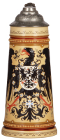 Mettlach stein, 1.0L, 2204, decorated relief,&nbsp;pewter lid, repaired&nbsp;thumblift, body mint.