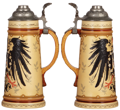 Mettlach stein, 1.0L, 2204, decorated relief, pewter lid, repaired thumblift, body mint. - 2