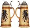Mettlach stein, 1.0L, 2204, decorated relief,&nbsp;pewter lid, repaired&nbsp;thumblift, body mint. - 2