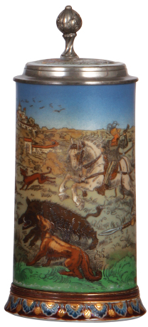 Mettlach stein, 1.0L, 2083, etched, Boar Hunt, inlaid lid, inlay cracked and crack around base visible inside.