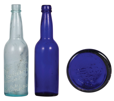 Two American Brewing Co. bottles, 9.6" ht., embossed, St. Louis, A.B.C. Bohemian, American Brw'g. Co., King of All Bottled Beers; with. 9.5" ht., cobalt blue, marked A.B.C. Co., 10 on bottom, good condition.